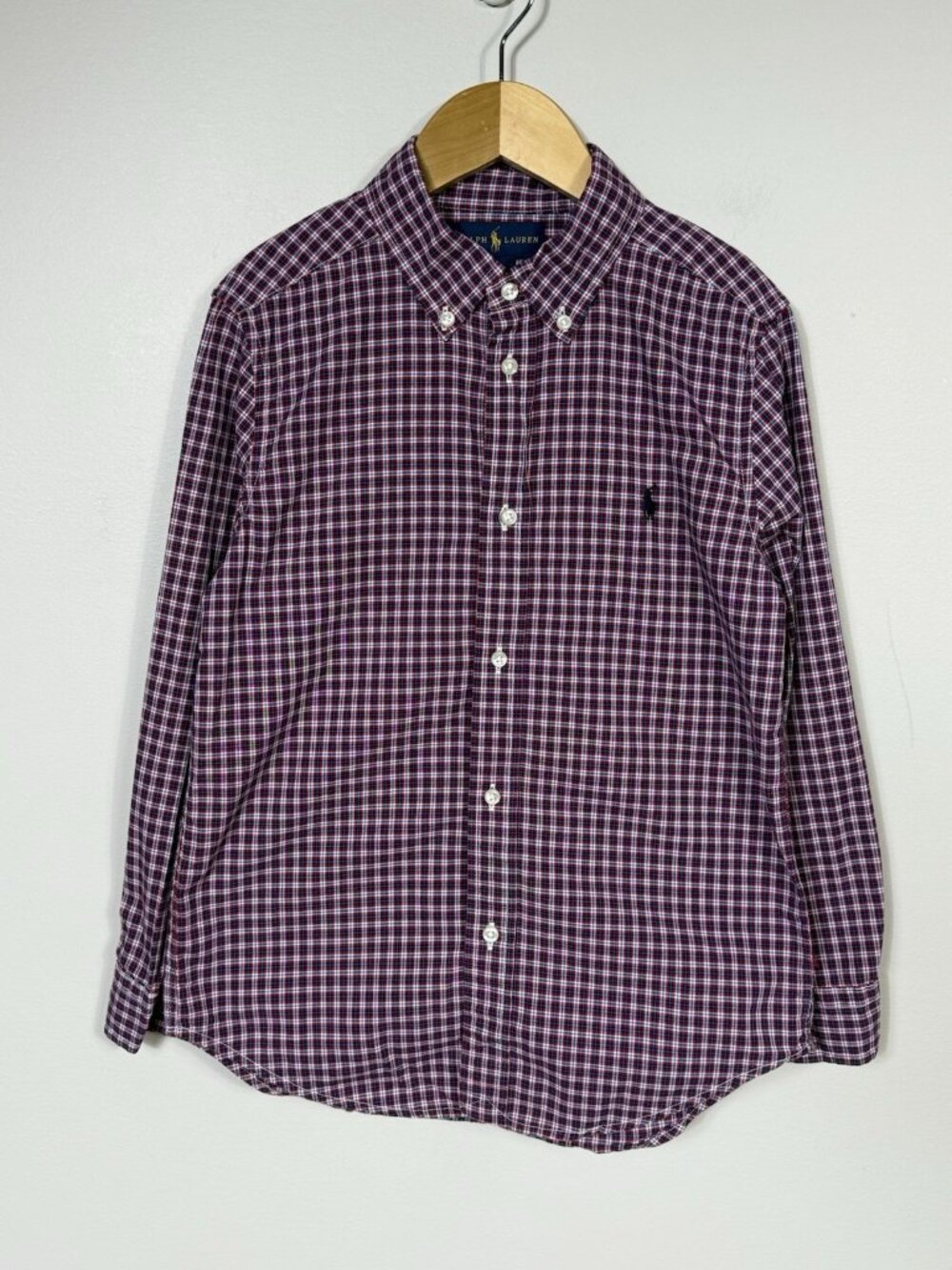 Ralph Lauren Boys Red Navy Blue Plaid Button Down Shirt Size 7 Christmas